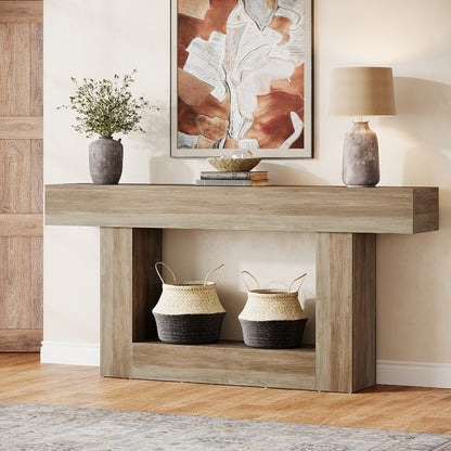 63 Inch Farmhouse Console Table with U-Shaped Base & 2-Tier Shelves, Rustic Brown & Grey Two-Tone Sofa Table for Living Room Hallway Foyer Entryway