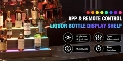 LED Lighted Liquor Bottle Display Shelf, 2-Tier Freestanding Bar Shelf with Warm Glow Lighting, Walnut & Gray Wood Home Bar Shelving Unit for Party Bar Decor