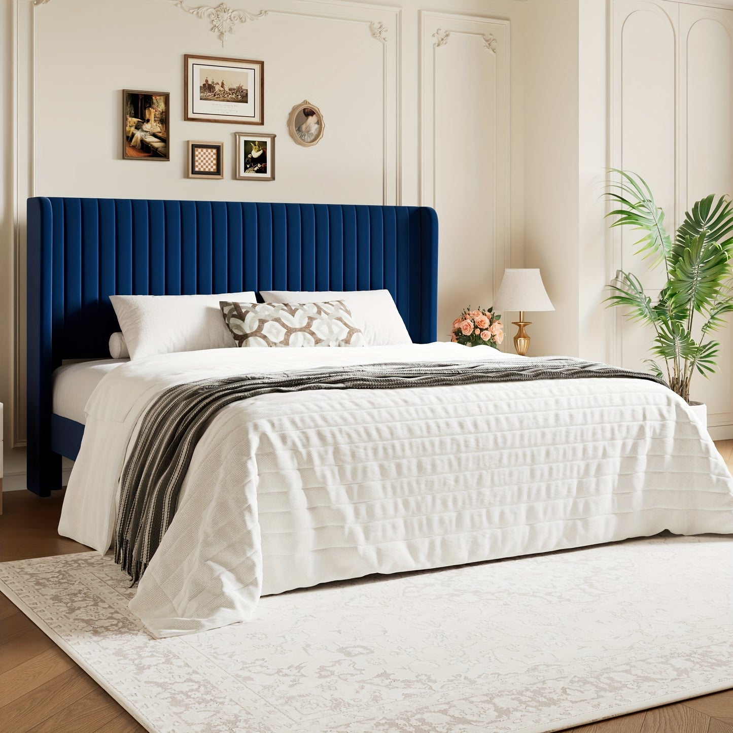 [Velvet Platform Bed Frame] WEEWAY Wingback Velvet Upholstered Platform Bed Frame, Vertical Channel Tufted Headboard, Wooden Slats Support, Heavy Duty Mattress Foundation, No Box Spring Needed, Easy Assembly, Avabliable Full/Queen/King Size, Free Shipping