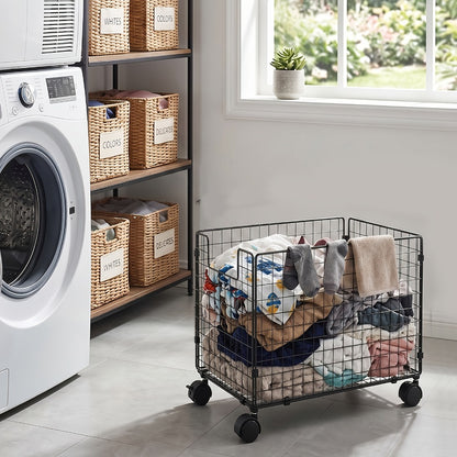 Metal Storage Basket with Wheels, Rolling Wire Organizer Bin for Laundry Bathroom Kitchen Pantry, Open Shelf Basket Home Organization Container No Lid