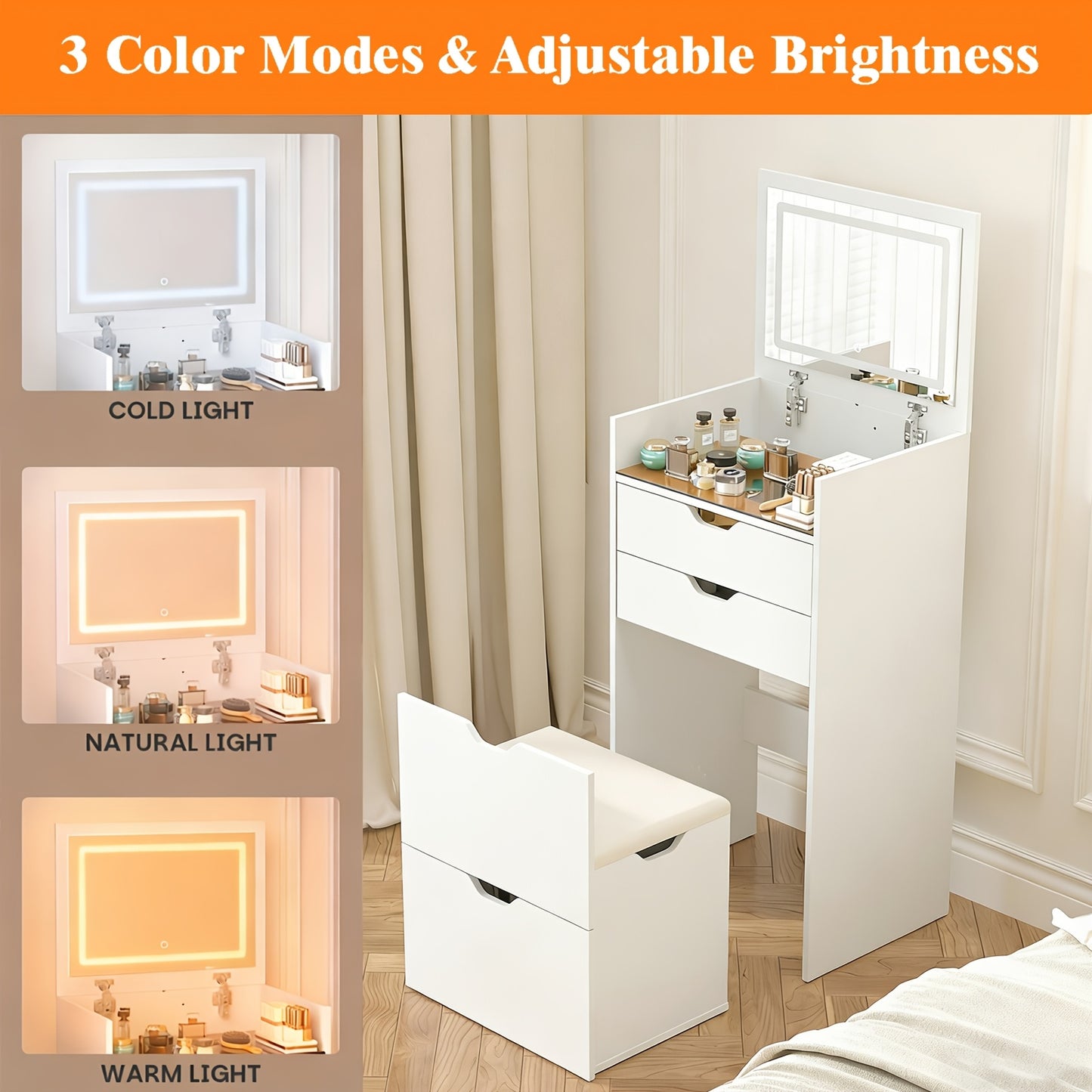 [3-In-1 Vanity Desk] 3-In-1 Vanity Desk with Flip Top Mirror, Small Makeup Vanity Set with Visible Glass Desktop, Compact Dressing Table with Drawers, 3-Color Lighting, Hidden Stool for Bedroom Space-Saving, White