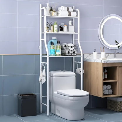 1pc Space-Saving Over The Toilet Storage Shelf, 3-Tier Freestanding Metal Frame Over-The-Toilet Storage Cabinet with Roll Paper Holder And Hooks, Easy Assembly No Drilling Required, for Toilet Washing Machine Small Bathrooms, White/Black