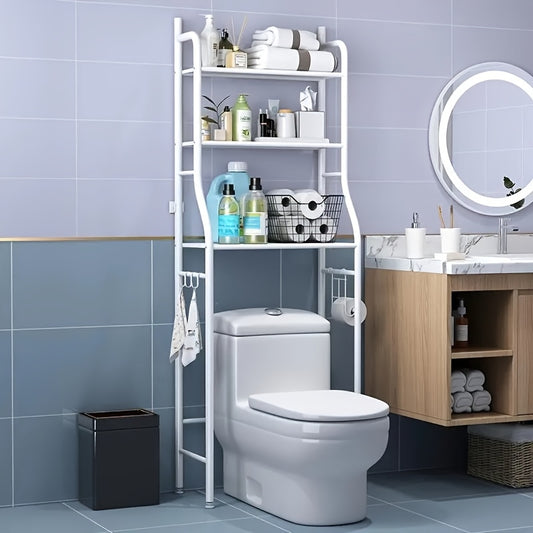 1pc Space-Saving Over The Toilet Storage Shelf, 3-Tier Freestanding Metal Frame Over-The-Toilet Storage Cabinet with Roll Paper Holder And Hooks, Easy Assembly No Drilling Required, for Toilet Washing Machine Small Bathrooms, White/Black