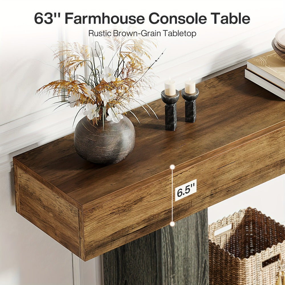 63 Inch Farmhouse Console Table with U-Shaped Base & 2-Tier Shelves, Rustic Brown & Grey Two-Tone Sofa Table for Living Room Hallway Foyer Entryway