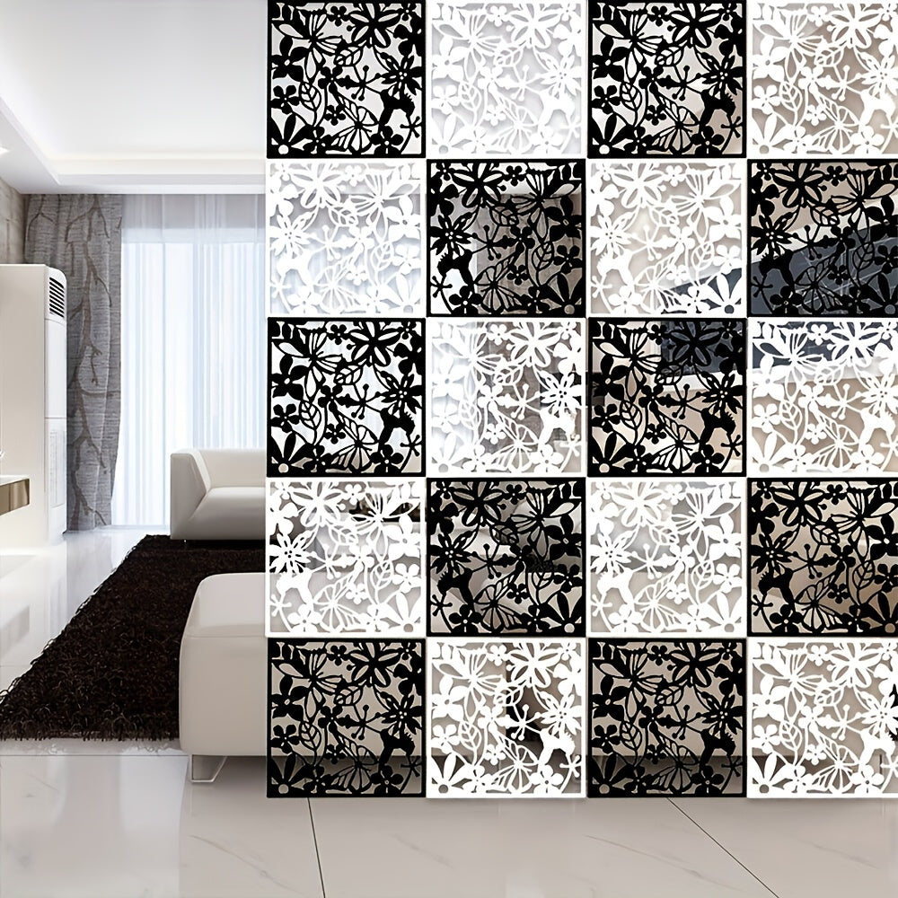 12/24pcs Plastic Hanging Room Divider Panels, Art Decor Floral Carved Thick PVC Screen Panels Hanging Wall Divider Room Partition, Stylish Hollow Design for Home, Office, Kitchen, Bedroom, Living Room Decor And Additions - White/Black