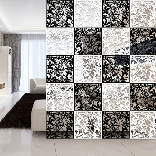 12/24pcs Plastic Hanging Room Divider Panels, Art Decor Floral Carved Thick PVC Screen Panels Hanging Wall Divider Room Partition, Stylish Hollow Design for Home, Office, Kitchen, Bedroom, Living Room Decor And Additions - White/Black