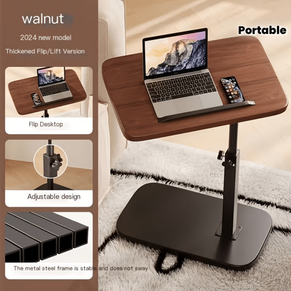 C-Shaped Sofa Side Table, Walnut Finish Adjustable Armrest Tray Table for Couch Bed Living Room Bedroom, Laptop Desk TV Tray Snack Table with Optional Wheels – Sturdy Modern Design