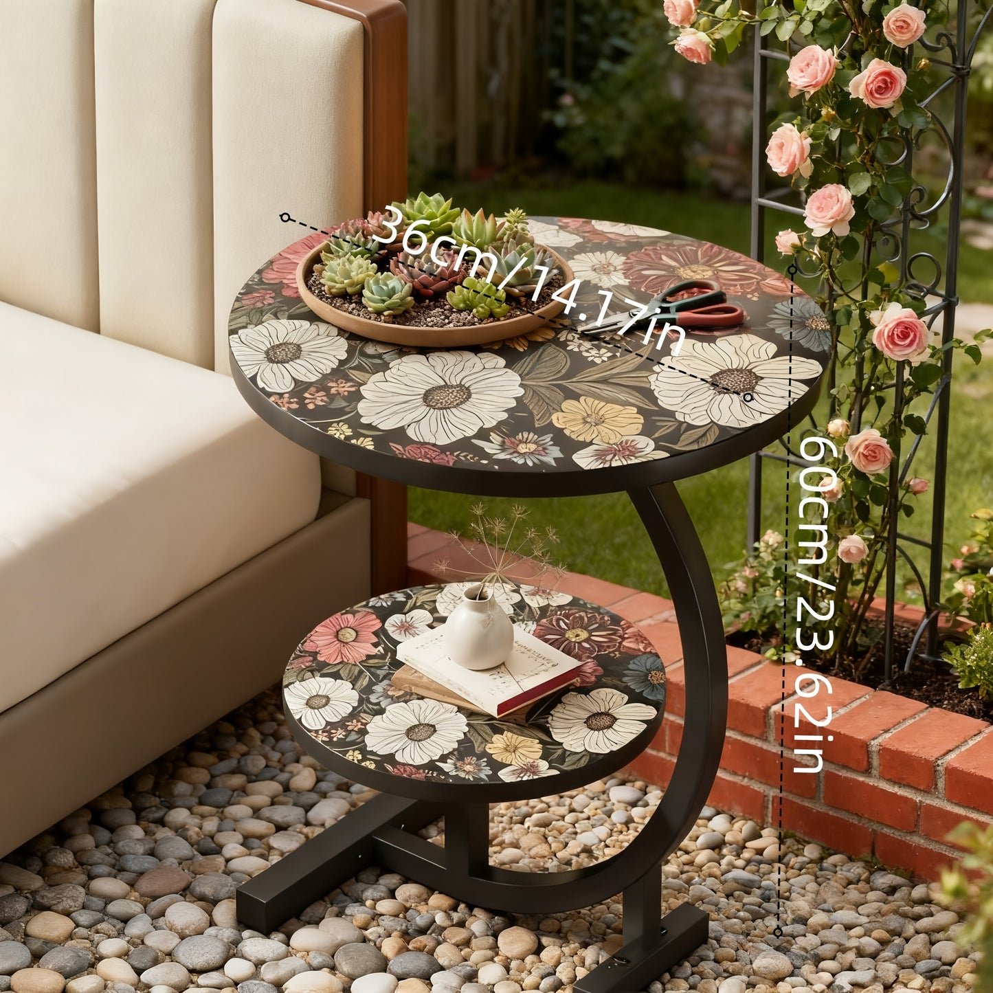 3-in-1 Modern Floral Pattern Multifunctional Courtyard Round Table - Convertible Coffee/side Table/outdoor Furniture, Double-layer Design, Wooden Tabletop And Metal Frame, Suitable for Courtyard, Garden/outdoor Use - Space Saving Circular Design