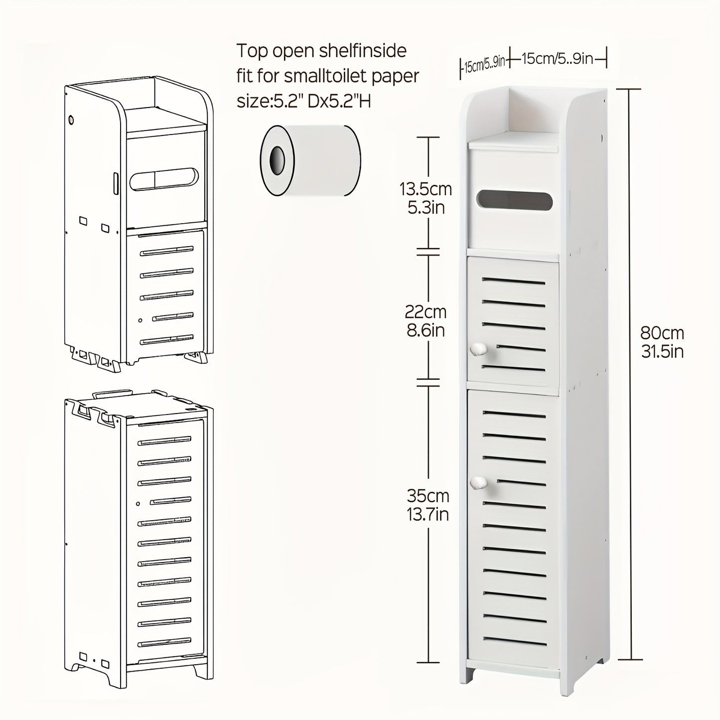 Small Bathroom Storage Cabinet, Slim And Crafted PVC Organizer, Ideal for Tight Spaces, Easy to Assemble And Durable, Multi-Purpose Toilet Paper Holder Cabinet for Bathroom, Bedroom And Living Room, (8Mm Material Thickness)
