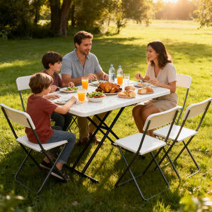 4/6ft Folding Table, Equipped With Metal Legs, Sturdy And Durable. The Plastic Tabletop Is Easy To Clean And Suitable For Camping, Outdoor Activities, Family Meals, And Team Events.