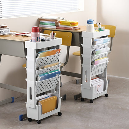 Mobile Rolling Bookshelf Storage Unit – Multi-Tier Beside-Desk Organizer for Students, Home & Classroom, White Green Pink Yellow