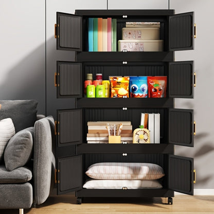 Foldable Storage Cabinet 3/4/5 Tier Stackable Plastic Boxes with Lids & Casters, Portable Modular Wardrobe Organizer for Bedroom Kitchen Living Room Entryway