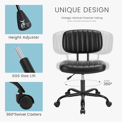 Small Desk Chair Armless, Comfortable Office Chair with Wheels, Rolling Task Chair with Low Back Lumbar Support, Vanity Chair for Bedroom Living Room Study Room, PU Leather