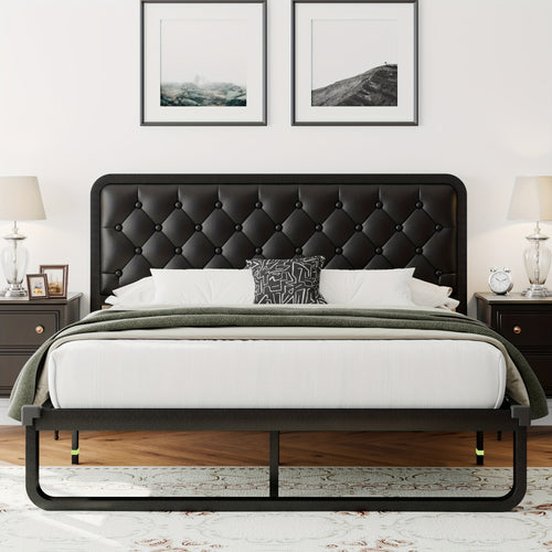 Sturdy Platform Bed Frame Featuring a Button-Tufted Headboard in Black Faux Leather Or Dark Grey Linen, Offering 12 Inches of Storage Space