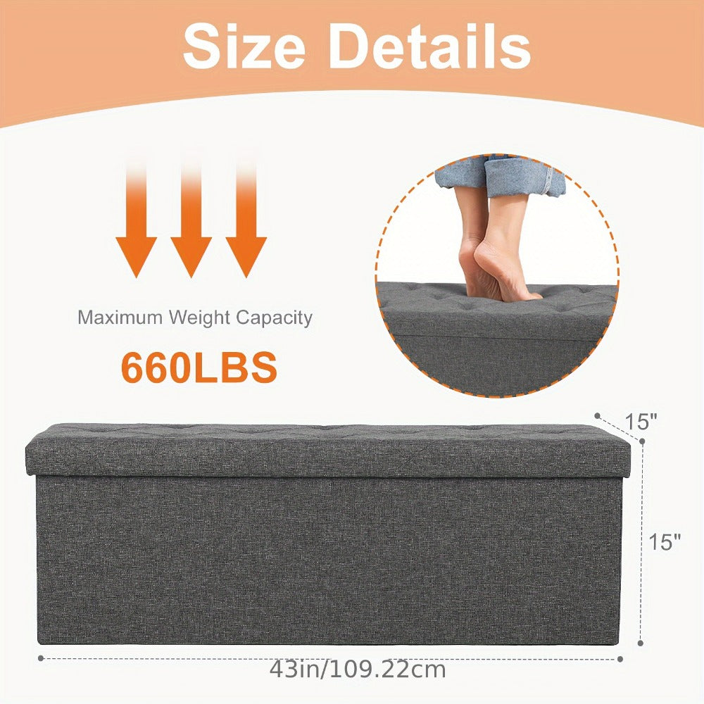 Storage Ottoman Bench 30 & 43 Inch Folding Padded Seat with Hidden Compartment, Holds 660 LB Heavy Duty Footrest End of Bed Stool for Bedroom Living Room Entryway, Grey Black Brown Pink Blue Beige