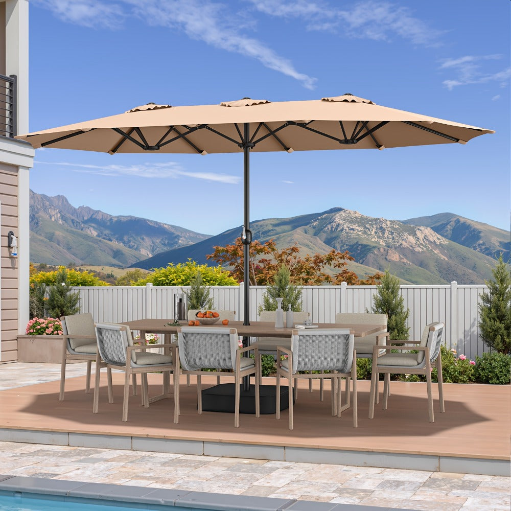 15ft Large Rectangle Patio Umbrella with Base Included – UPF50+ Double-Sided Canopy, Crank Handle, 12-Rib Wind Resistant Frame, Triple Vents, Safety Lock for Poolside, Garden & Yard, Beige & Blue