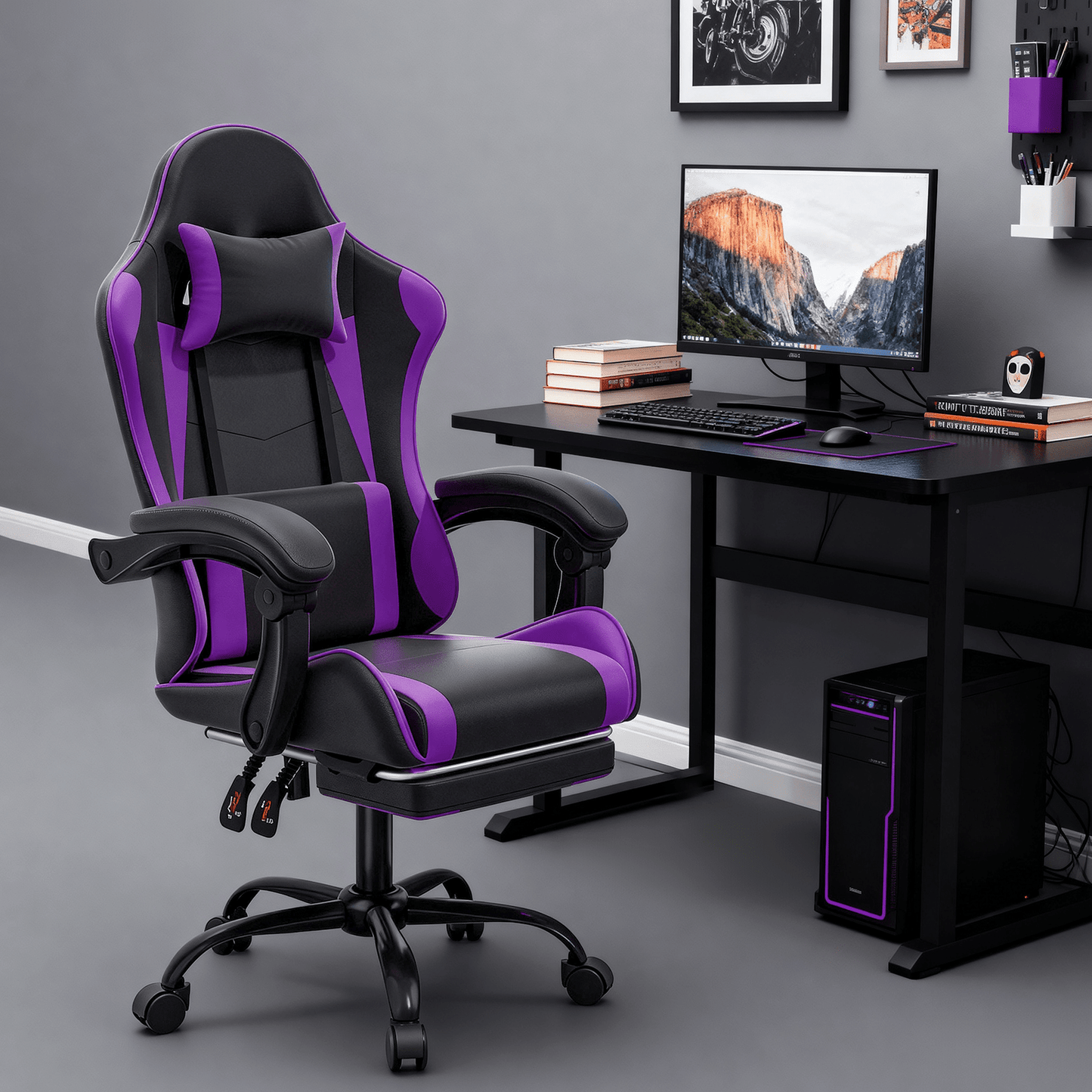 Ergonomic Gaming Chair with Retractable Footrest & Detachable Lumbar Support 360 Degree Swivel Racing Style PU Leather Computer Gaming Chair with Headrest for Home Bedroom Office