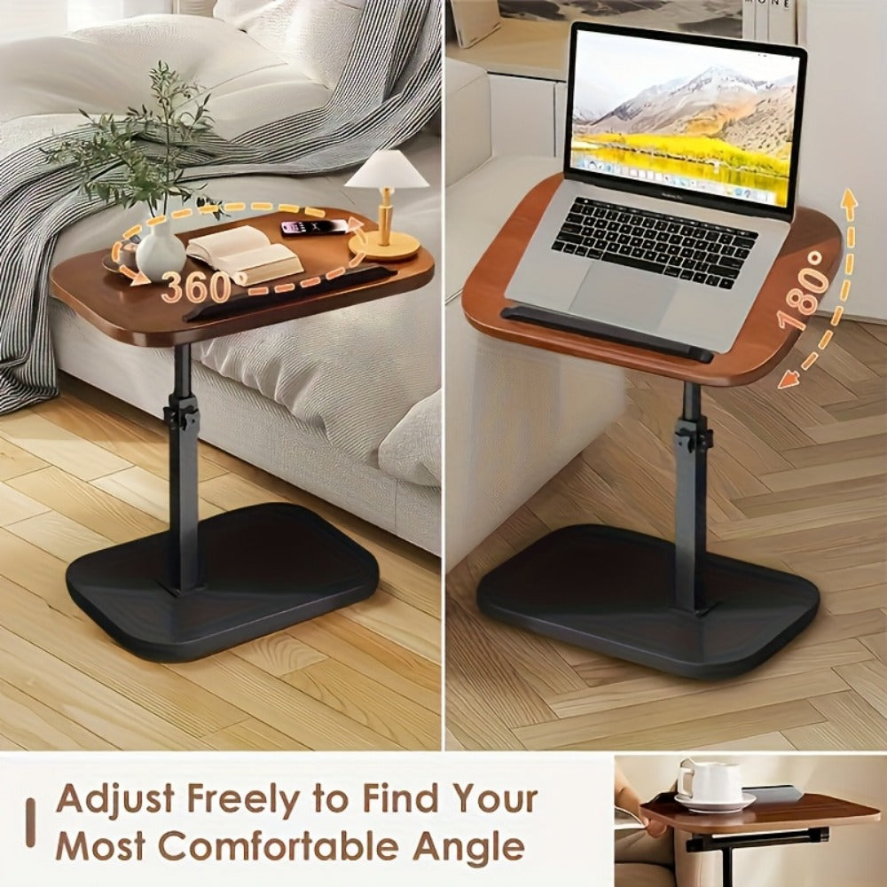 C-Shaped Tray Table Adjustable Height with Walnut Finish, Mobile Side Table for Sofa Couch Bed, Laptop Desk Snack Stand Nightstand for Living Room Bedroom Home Office, With or Without Wheels