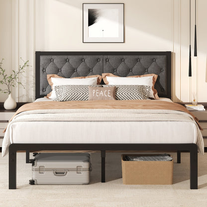 Upholstered Platform Bed Frame with Button Tufted Headboard Noise-Free Steel Slats 12.6 Inch Under-Bed Storage No Box Spring Needed Twin Queen Grey
