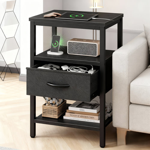 1/ 2P Bedside Table with Quick Charge USB/ Type-C Ports - Space Saving Floating Nightstand with 2 Adjustable Drawers& Built-in Socket, Ideal for Modern Bedrooms