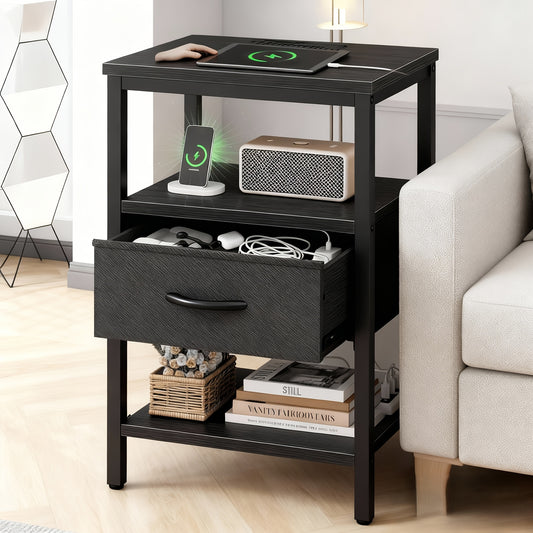 1/ 2P Bedside Table with Quick Charge USB/ Type-C Ports - Space Saving Floating Nightstand with 2 Adjustable Drawers& Built-in Socket, Ideal for Modern Bedrooms