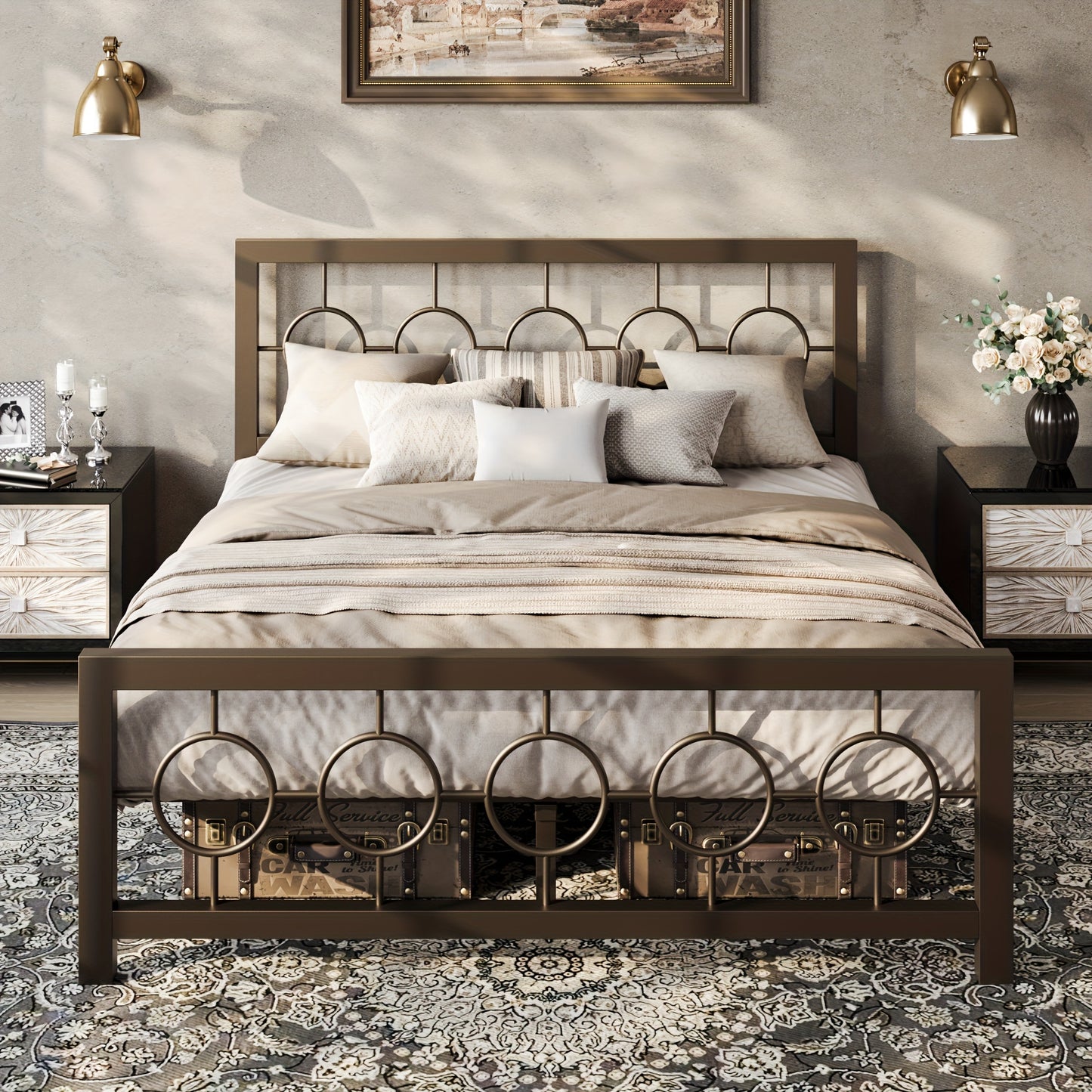 Metal Platform Bed Frame with Vintage Circular Design Headboard and Footboard Under Bed Storage No Box Spring Twin Full Queen King Black Brown