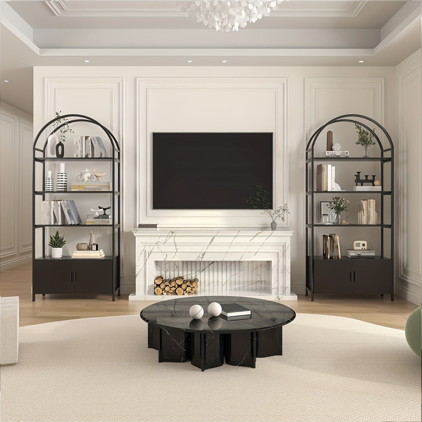71" Industrial Arched Bookshelf with Doors - Sturdy Metal Frame, Freestanding Display Shelving Unit for Home & Outdoor Leisure