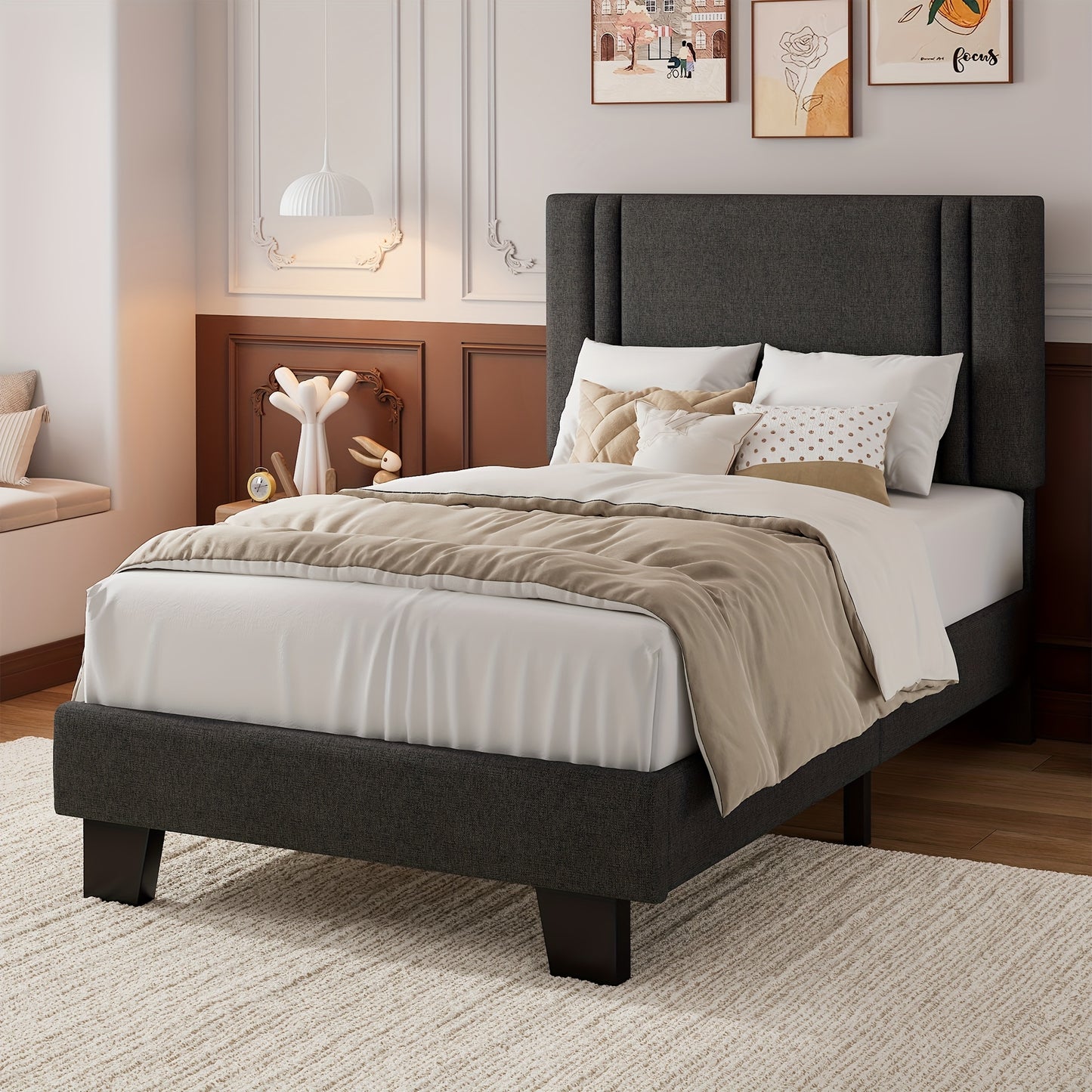 Valnase Bed Frame with 21" Soft Padded Headboard (Striped/Button Tufted), Solid Wood Slats (4" Spacing), Twin/Full/Queen Size Platform Bed with Art Legs -Black Linen/Dark Grey Linen/White Velvet Options