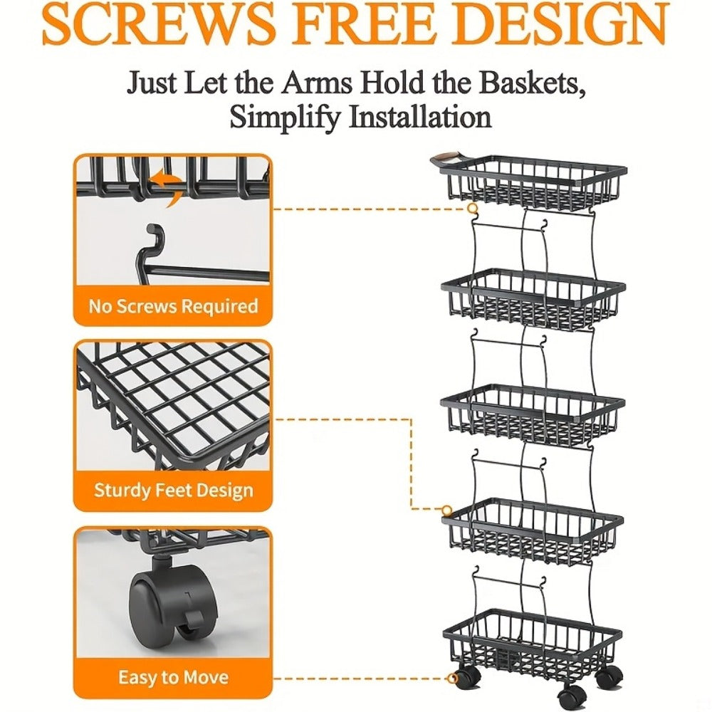 Stackable Metal Storage Cart with Wheels 4/5 Tier - Fruit Vegetable Basket Rotating Narrow Gap Corner Rack for Kitchen Pantry and Bathroom