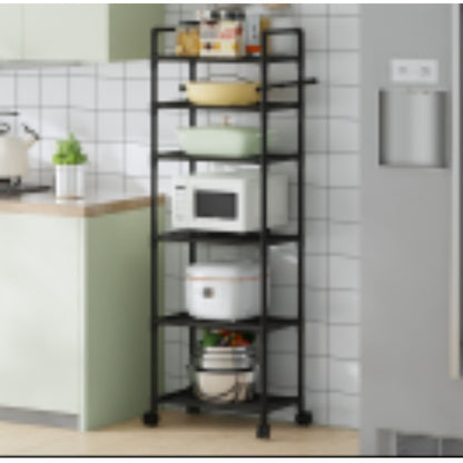 Compact 6-Tier Metal Rolling Cart with Hooks, Adjustable Shelf Height, Multi-Purpose Storage Organizer for Kitchen Utensils & Condiments, Bedroom, Bathroom & Laundry Room, Open-Style Space-Saving Modular Utility Cart