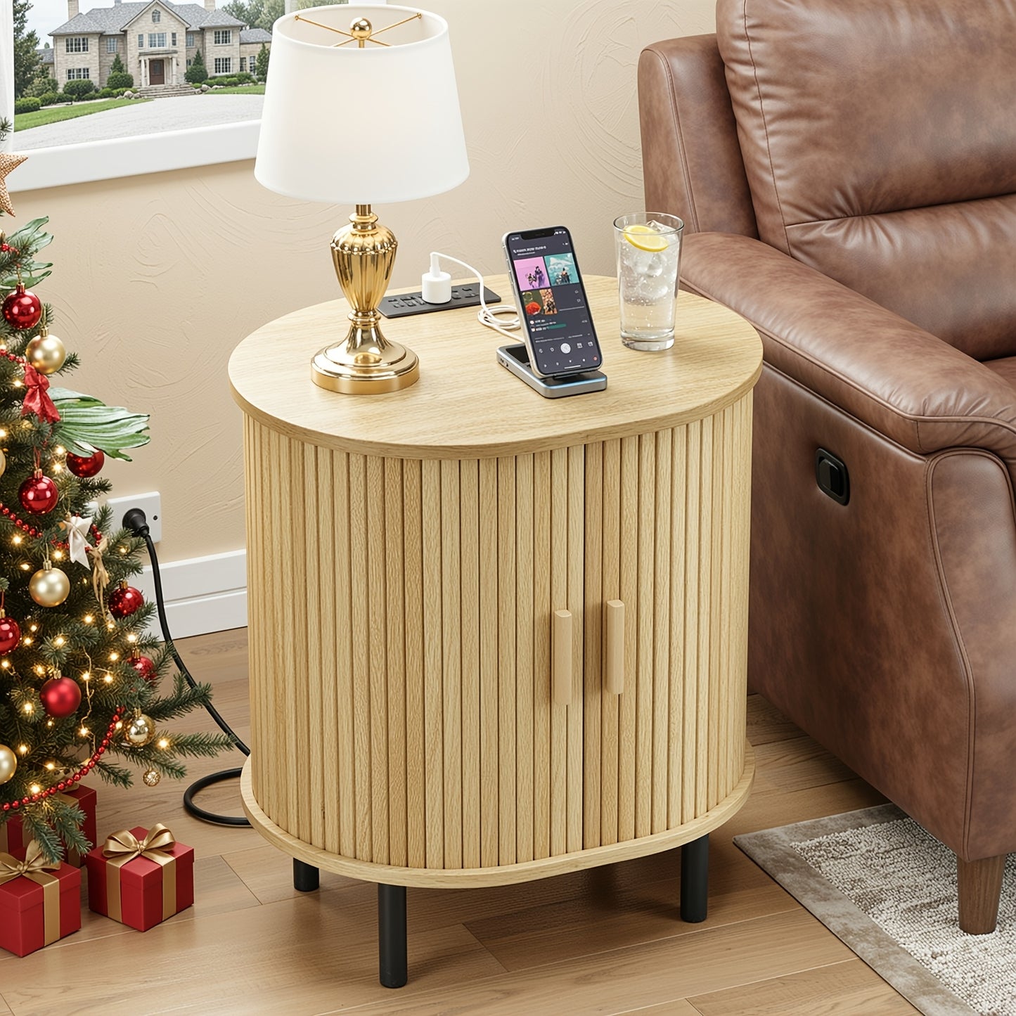 PAZCASA Oval End Table with Storage & Charging Station, Wood Accent Side Table with Sliding Door & Adjustable Shelf/Leg Pad, Mid Century-Modern Nightstand for Small Space, Living Room, Bedroom, 1pc/2pcs, Walnut/Black/Natural White/Oak