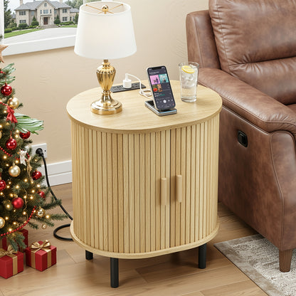 PAZCASA Oval End Table with Storage & Charging Station, Wood Accent Side Table with Sliding Door & Adjustable Shelf/Leg Pad, Mid Century-Modern Nightstand for Small Space, Living Room, Bedroom, 1pc/2pcs, Walnut/Black/Natural White/Oak