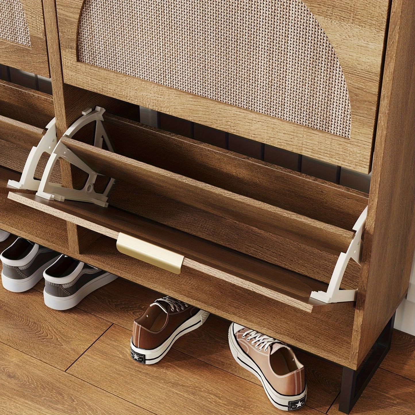 Rustic Oak Rattan Shoe Storage Cabinet, 2/3/4 Flip Drawers Freestanding Narrow Shoe Organizer, Shoe Rack With Sturdy Metal Legs And Hidden Golden Handles, Space Saving Hidden Footwear Storage Furniture Perfect For Entryway Hallway Front Door Home De