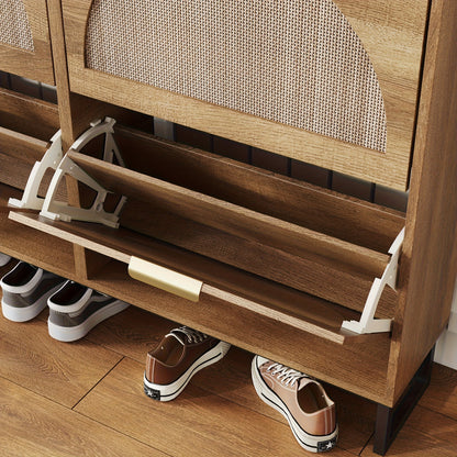Rustic Oak Rattan Shoe Storage Cabinet, 2/3/4 Flip Drawers Freestanding Narrow Shoe Organizer, Shoe Rack With Sturdy Metal Legs And Hidden Golden Handles, Space Saving Hidden Footwear Storage Furniture Perfect For Entryway Hallway Front Door Home De