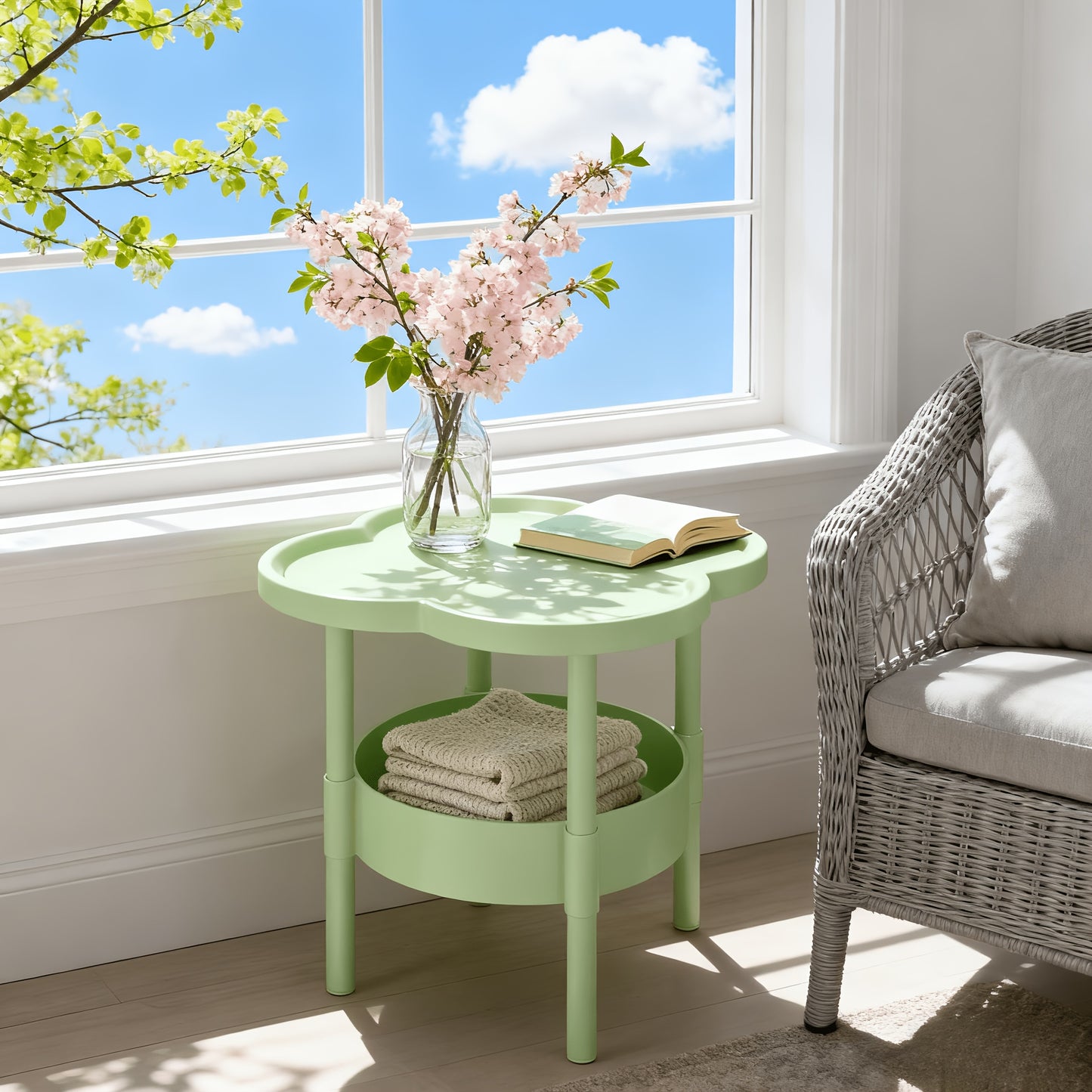 2-Tier Round Flower Shaped Side Table with Lower Shelf - Space-Saving Compact Design for Small Spaces, Easy Assembly Lightweight Durable Plastic Construction, Ideal for Living Room, Bedroom, Office - Ideal Gift for Home Decor