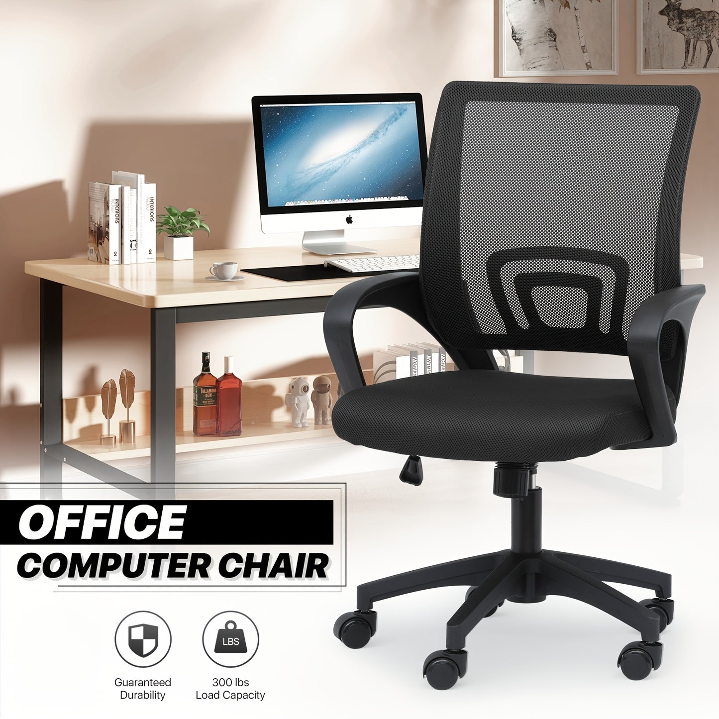 Ergonomic Office Chair | Mid-Back Swivel Desk Chair | Breathable Backrest And Lumbar Support | Adjustable Height | Sponge Seat | Rolling Wheels | Dark Blue | for Adults And Women 19.5"D X 22"W X 39"H