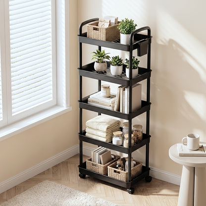 3/4/5-Tier Plastic Rolling Utility Cart with Handle, Multifunctional Storage Organizer with Plastic Shelf, Storage Cart for Kitchen, Bathroom, Living Room, Office, White