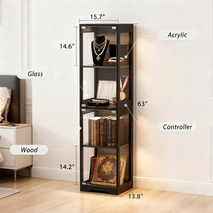4-Tier Glass Display Cabinet with 3 LED Lights & Motion Sensor – Single Door Curio Cabinet for Tableware, Wine & Collectibles in Dining Room & Living Room
