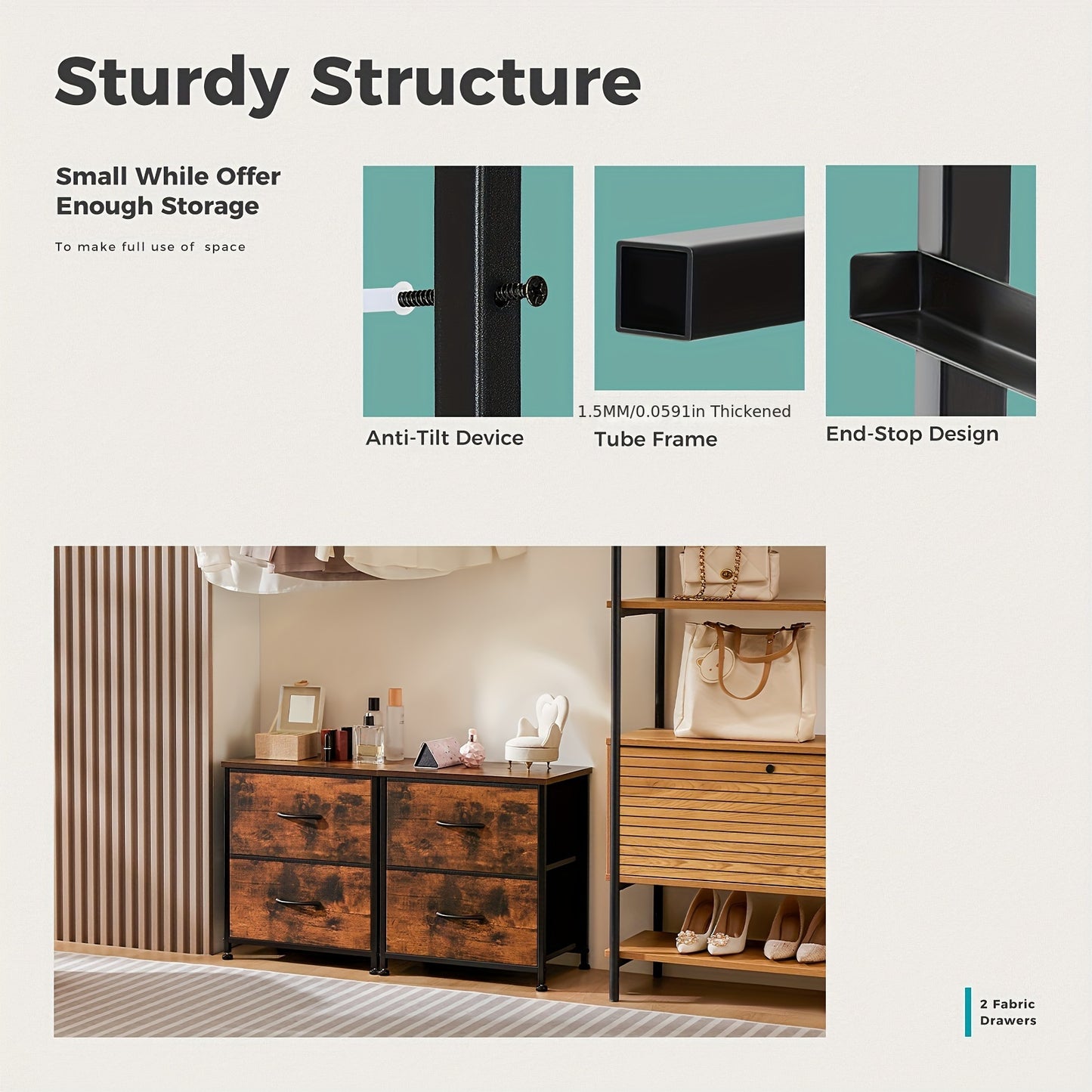 Nightstand Dresser For Bedroom With 2 Drawer, Small Dresser Beside Tables, Nightstand With Removable Fabric Bins For Small Spaces, Closet, Entryway, College Dorm, 1pc/2pcs Options Available