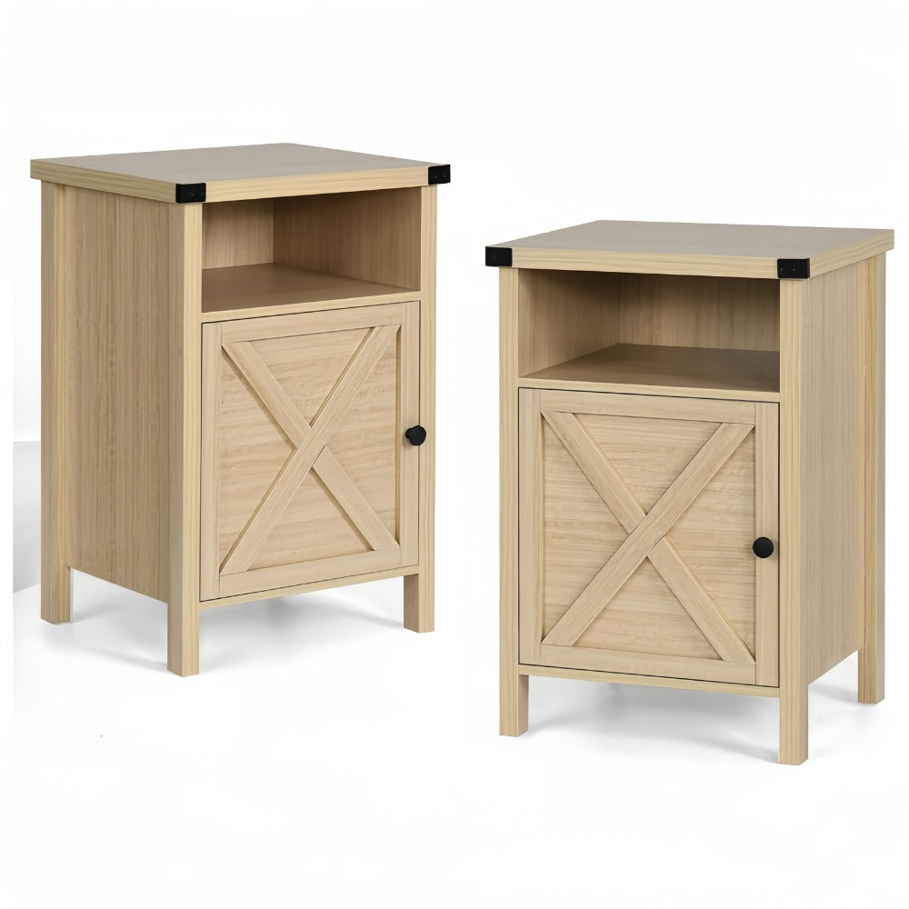 Farmhouse Nightstand with Barn Door & Shelf, Rustic Modern Bedside Table End Table for Bedroom Living Room Entryway, 23.7"x15.8" – Set of 1 or 2, Navy Blue Grey White Oak Black