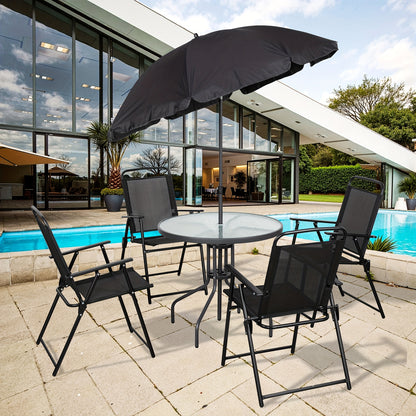 [6pcs Folding Patio Set] JY QAQA 6pcs Folding Patio Dining Set, All-Weather Small Metal Outdoor Table And Chair Set, Garden Patio Furniture Set W/Umbrella, Glass Table And 4 Folding Chairs for Lawn, Deck, Backyard