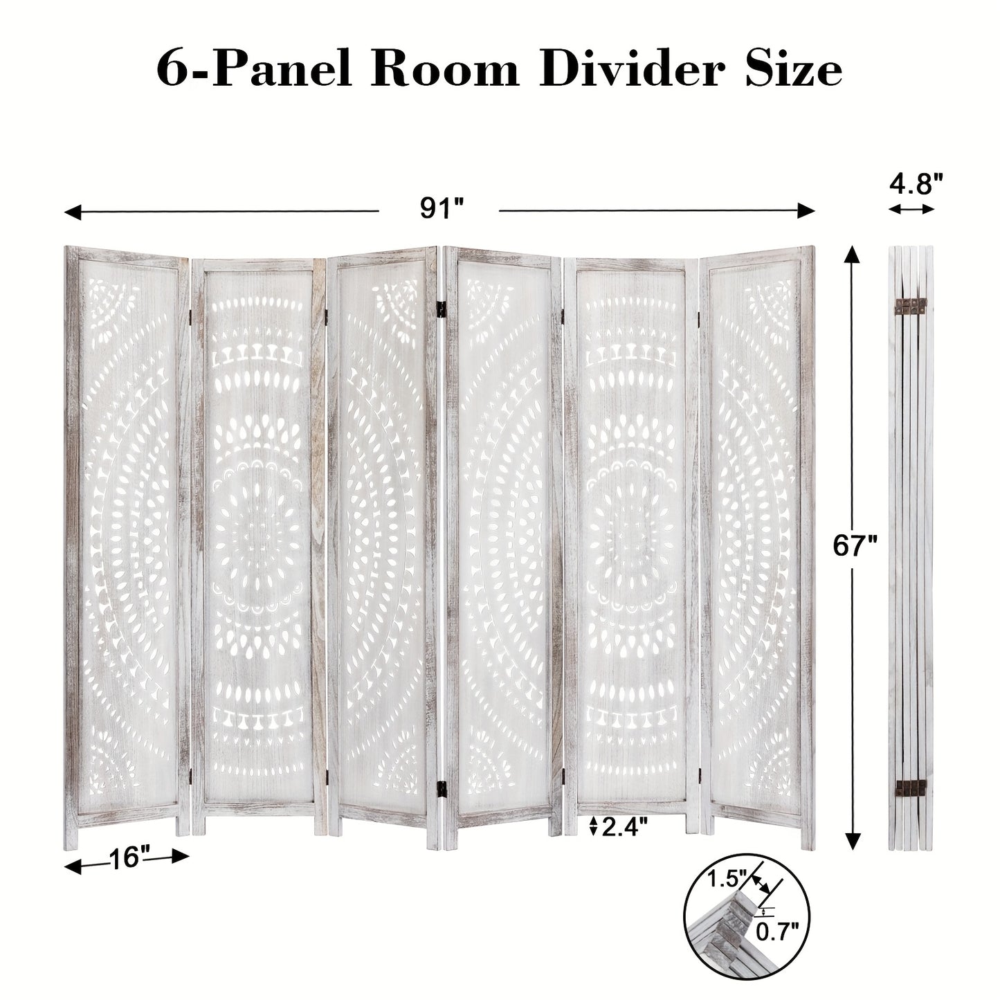 Antique White/Natural Wood 94.5 Inch Folding Room Divider, 3/6 Panels Wood Carved Boho Privacy Screens, Free Assembled Freestanding Partition For Home Office Bedroom Restaurant Studio Apartment