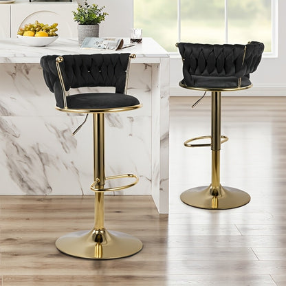 Velvet Bar Stools Set of 2 or 4 Swivel 360° Adjustable Height Counter Stools with Back Gold Metal Base Kitchen Island Dining Room Woven Velvet Black Beige Green