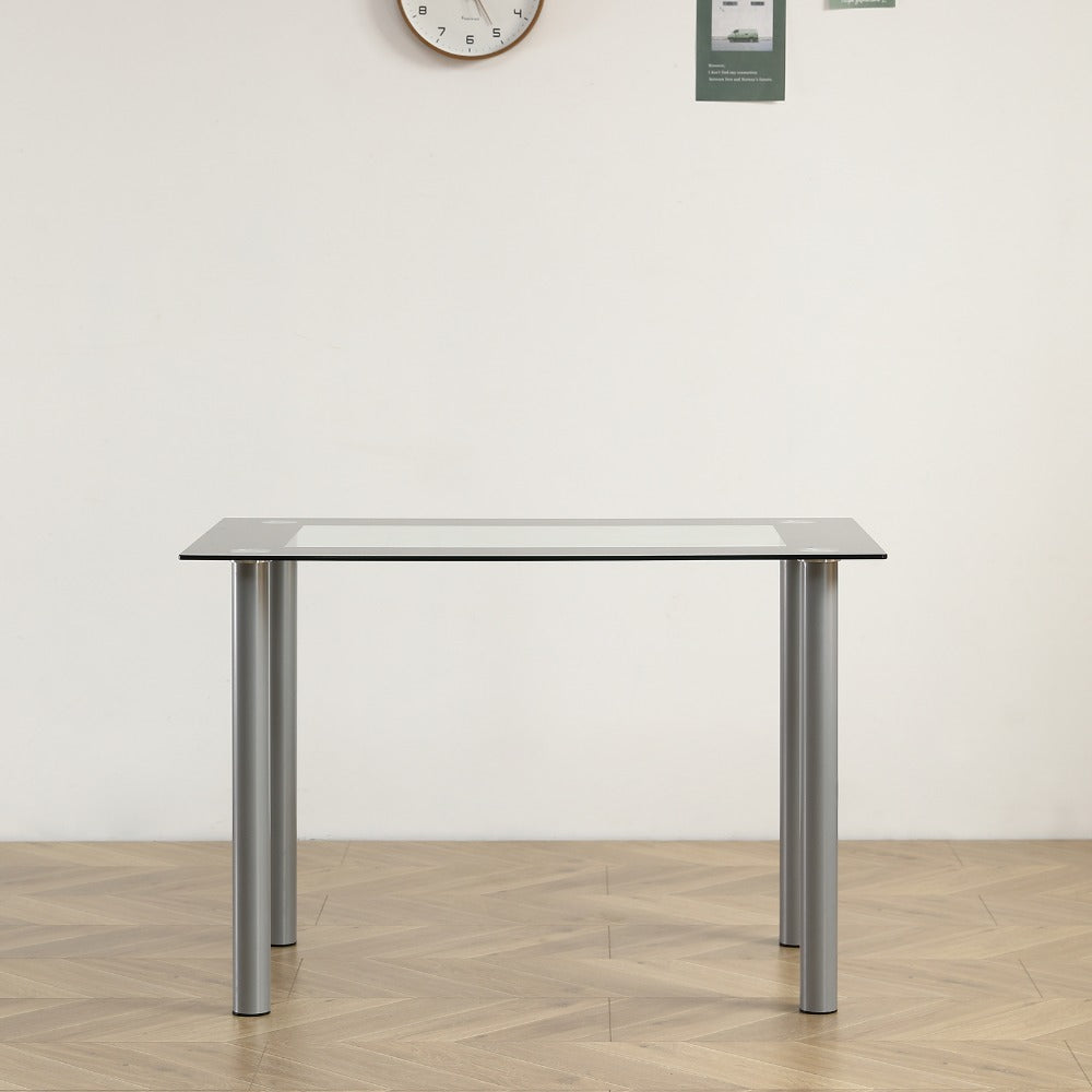 Rectangular Tempered Glass Dining Table for 4 – Clear Glass Top with Black Stainless Steel Cylindrical Legs – Modern Small Dining Table (Chairs Not Included)