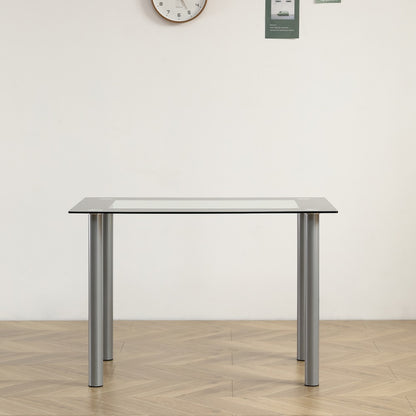 Rectangular Tempered Glass Dining Table for 4 – Clear Glass Top with Black Stainless Steel Cylindrical Legs – Modern Small Dining Table (Chairs Not Included)