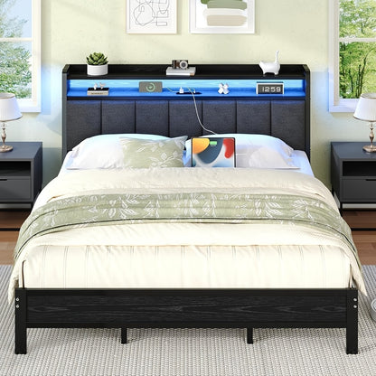 Bed Frame with Storage Headboard LED Lights and Charging Station Twin Full Queen King Heavy Duty Metal Slatted Base No Box Spring White Grey Cream