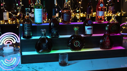 3-Step Illuminated Liquor Shelf 24-Inch LED Bar Bottle Display Unit – USB-Powered Light-Up Spirits Rack for Home Bar, Living Room & Dining Room