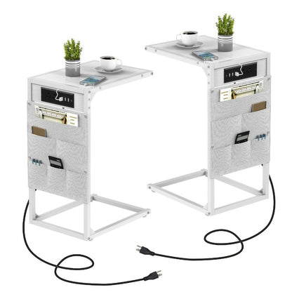 C Shaped End Table Slides Under Sofa, 50 LBS Capacity Snack Side Table for Living Room Bedroom, Multifunctional Sofa Table with Optional Charging Station & Storage Bag, 1pc or 2pcs Set