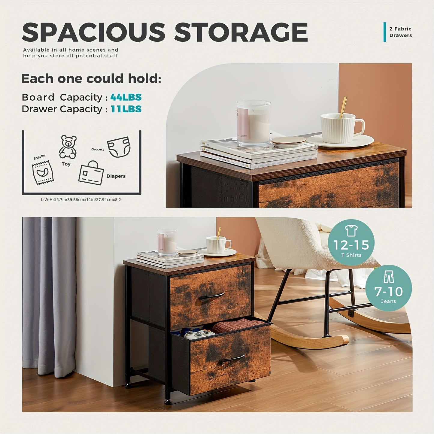 Nightstand Dresser For Bedroom With 2 Drawer, Small Dresser Beside Tables, Nightstand With Removable Fabric Bins For Small Spaces, Closet, Entryway, College Dorm, 1pc/2pcs Options Available