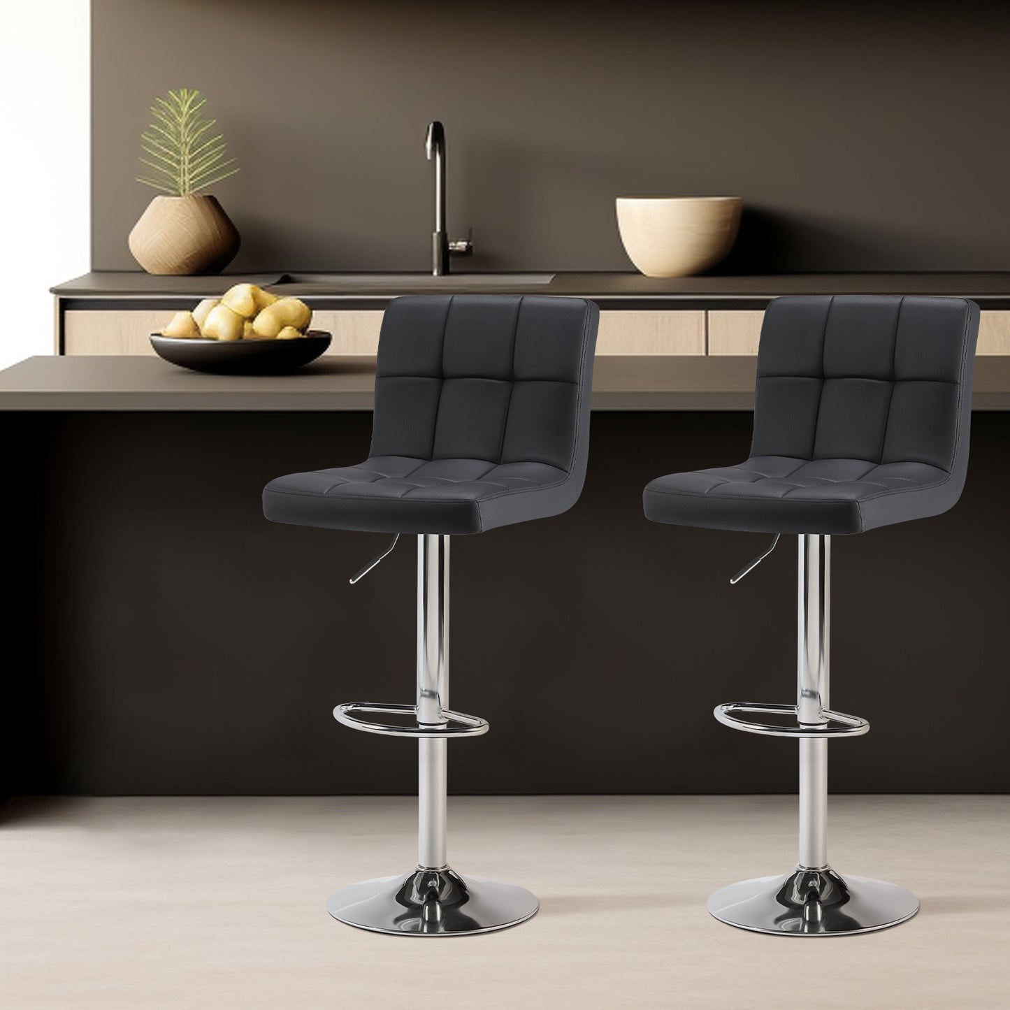 MCQ Bar Stools Set, Armless Adjustable Swivel Barstools, PU Leather Hydraulic Kitchen Counter Height Bar Stools, Thickened Seat Cushion with Back
